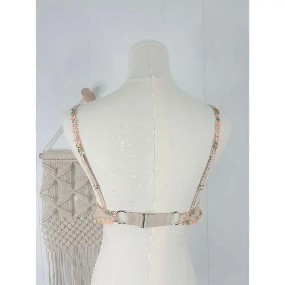 Aerie Mesh Embroidered Floral Bra Medium Coquette Festival Bralette Fairy
